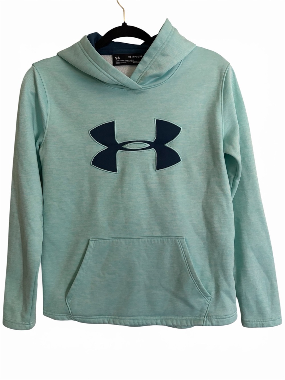 Under Armour Women's Light Teal Hooded Sweatshirt with Navy Logo